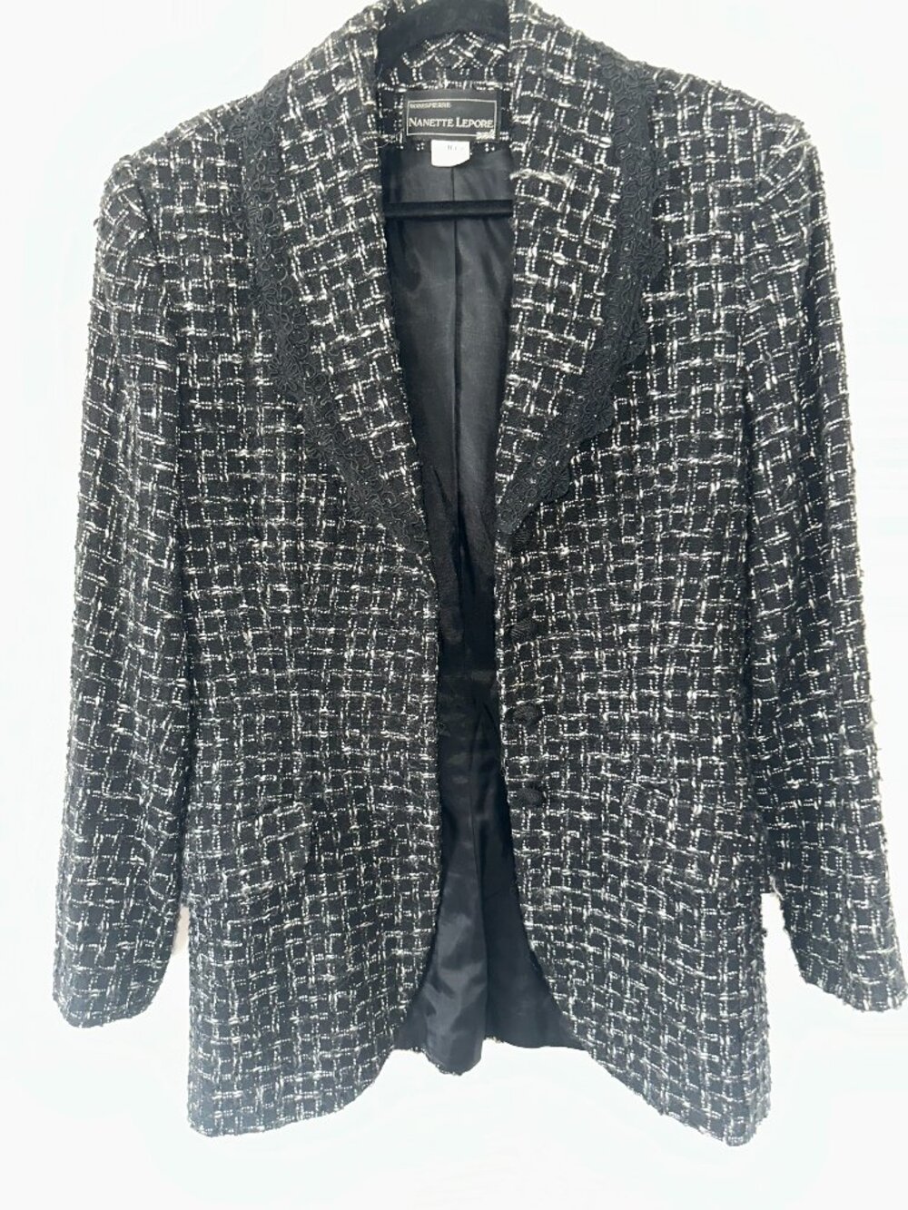 Nanette Lepore Women's Black White Tweed Wool Blazer Jacket Vintage Y2K
